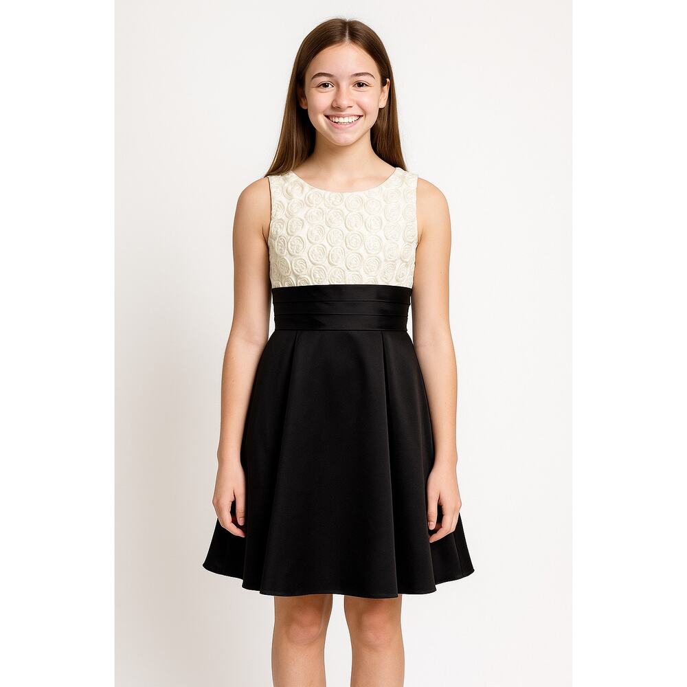Jayne Copeland Black Satin Party Dress w/ Ivory Rosette Top Girls Size 14